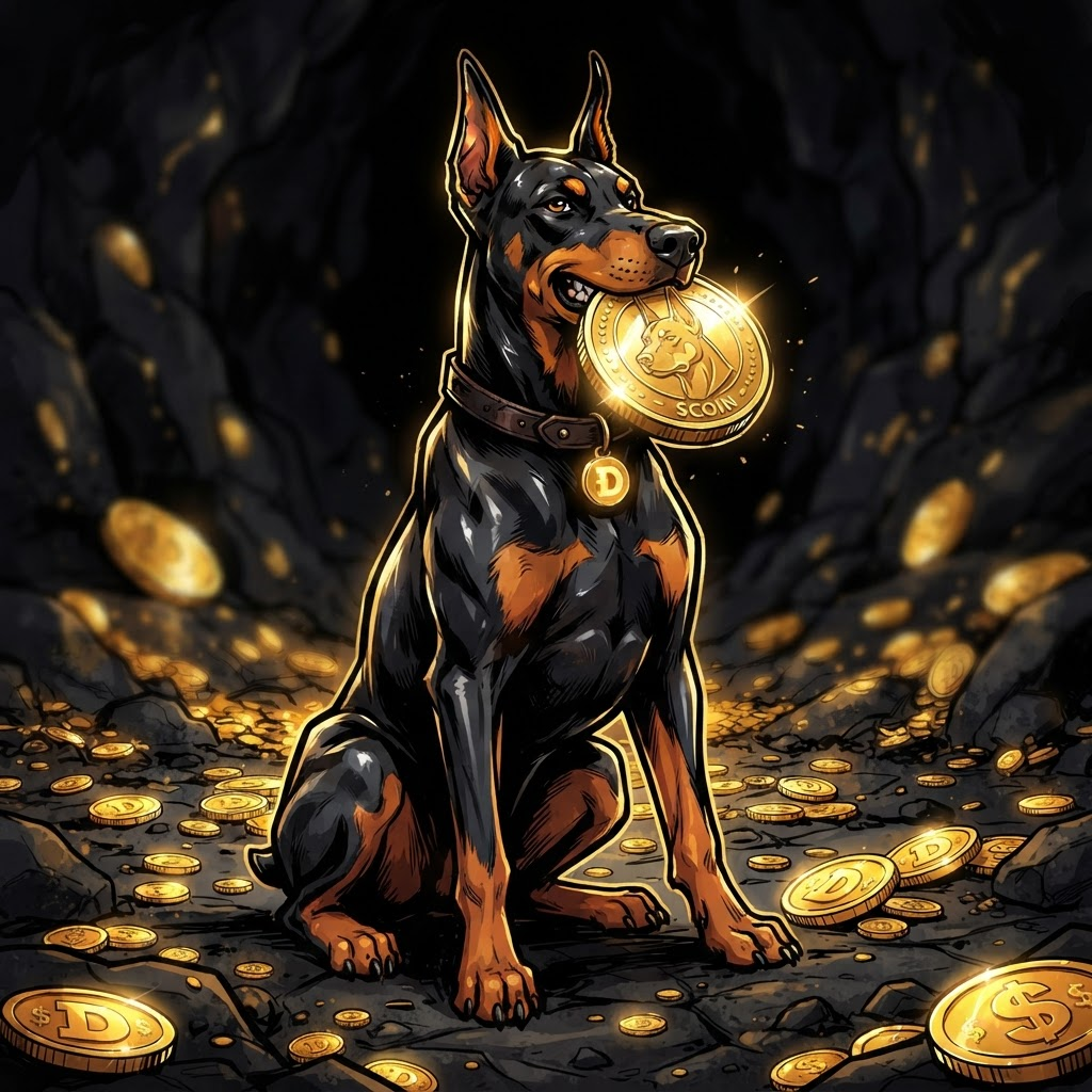 BINGO, a black dobermann holding a golden coin in its teeth
